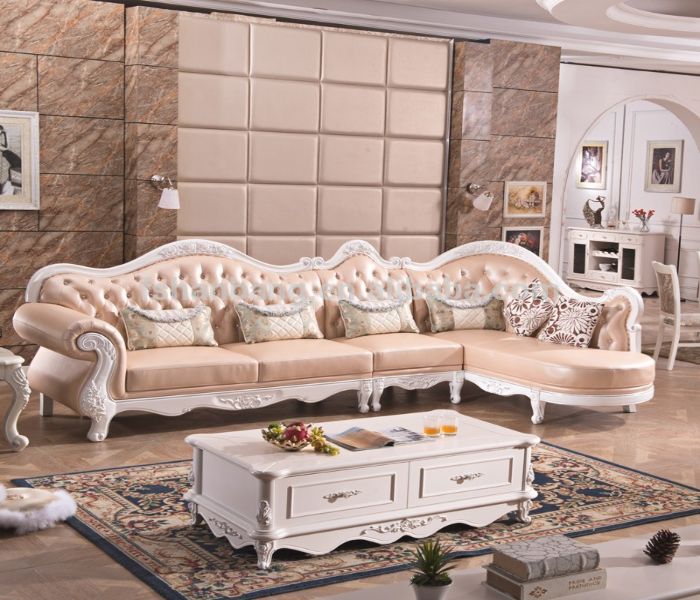 Bộ Sofa L phong cách cổ điển màu hồng nhẹ