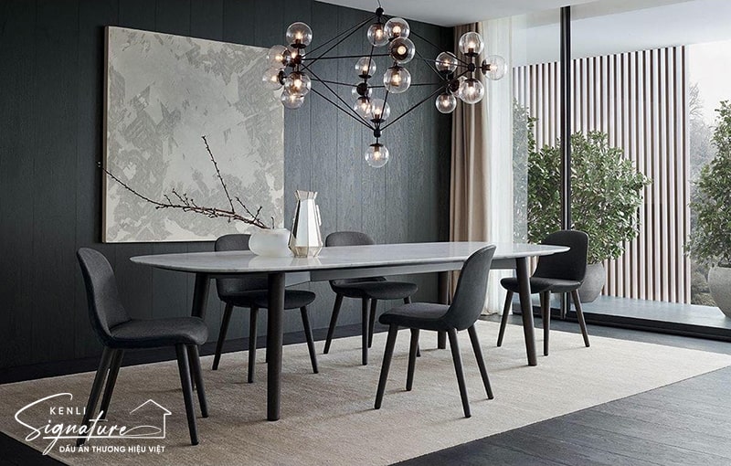 phối bàn ăn mặt đá 6 ghế theo phong cách