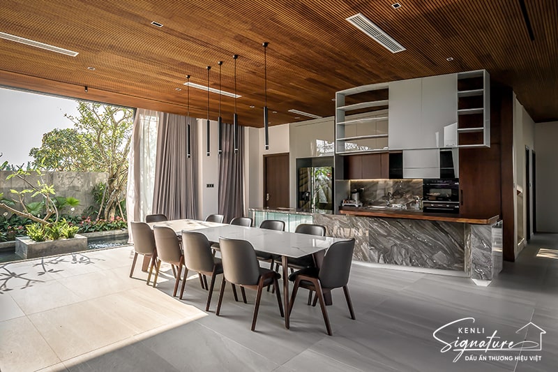 bộ bàn ăn mặt đá 10 ghế Henry Kenli