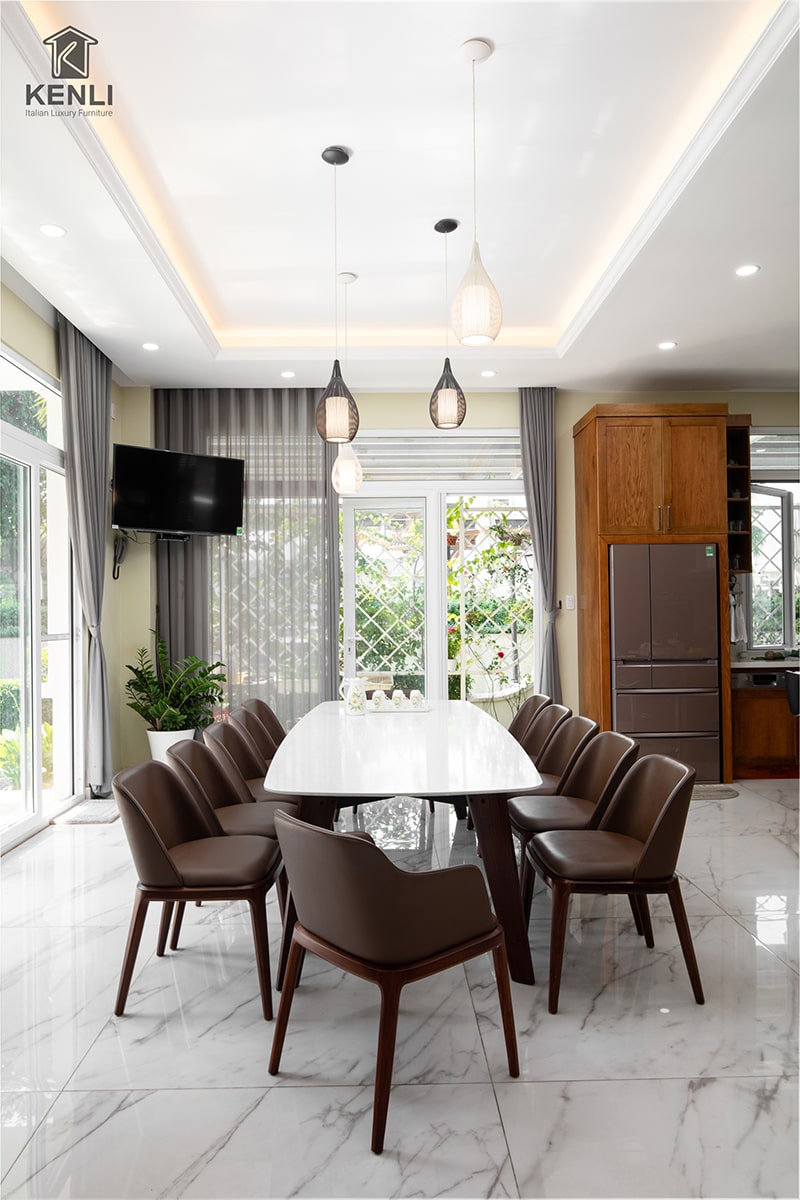 Bàn ăn 12 người – Không chỉ dài, mà dành để giữ mạch kết nối gia đình lớn 4 bộ bàn ăn 12 ghế đá Calacatta Kenli