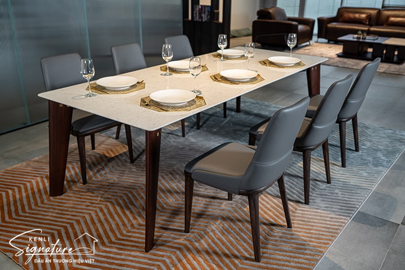 trải nghiệm bàn ăn 6 ghế mặt đá tại showroom Kenli